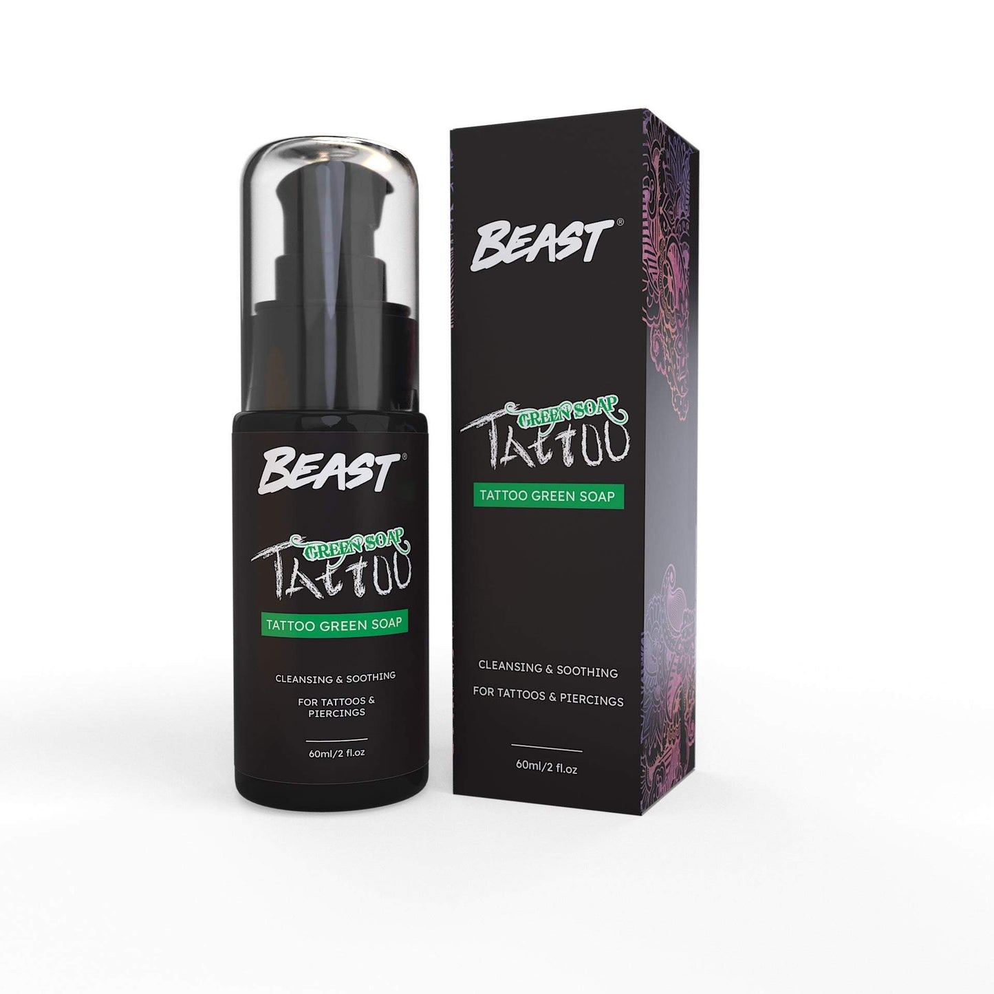 Beast Tattoo Aftercare green soap bottle and box for tattoo healing and protection