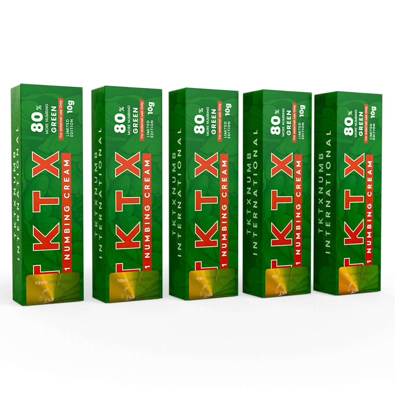 TKTX Numbing Cream Green 80% 5-pack for fast, long-lasting pain relief in tattoos and cosmetic procedures