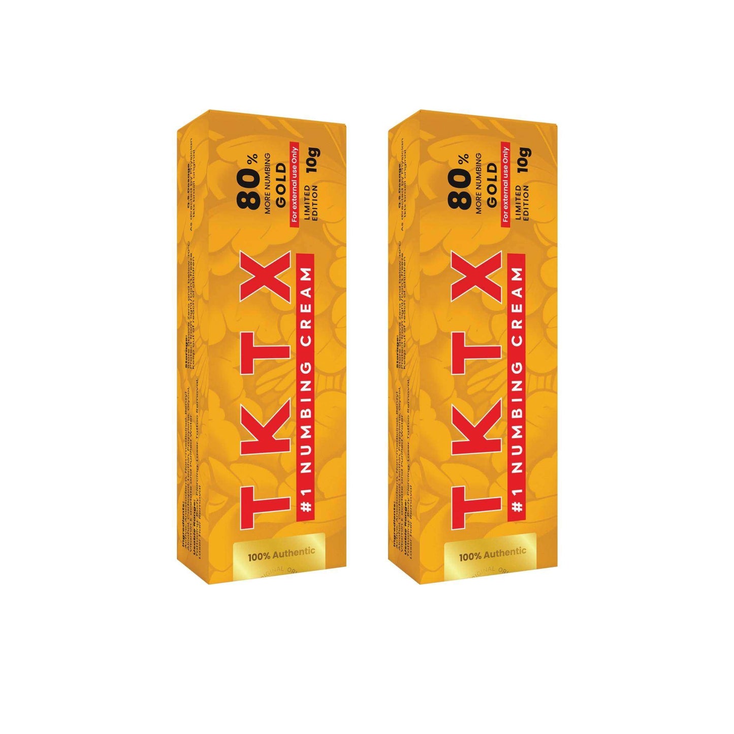 TKTX Numbing Cream Gold 80% 10g tube 2 pack for long-lasting skin numbing during tattoos and cosmetic procedures