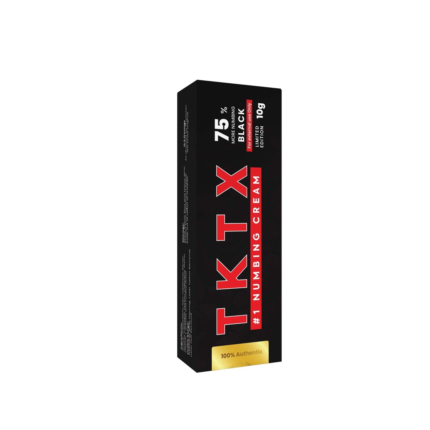 TKTX 75% Black numbing cream packaging for long-lasting tattoo pain relief