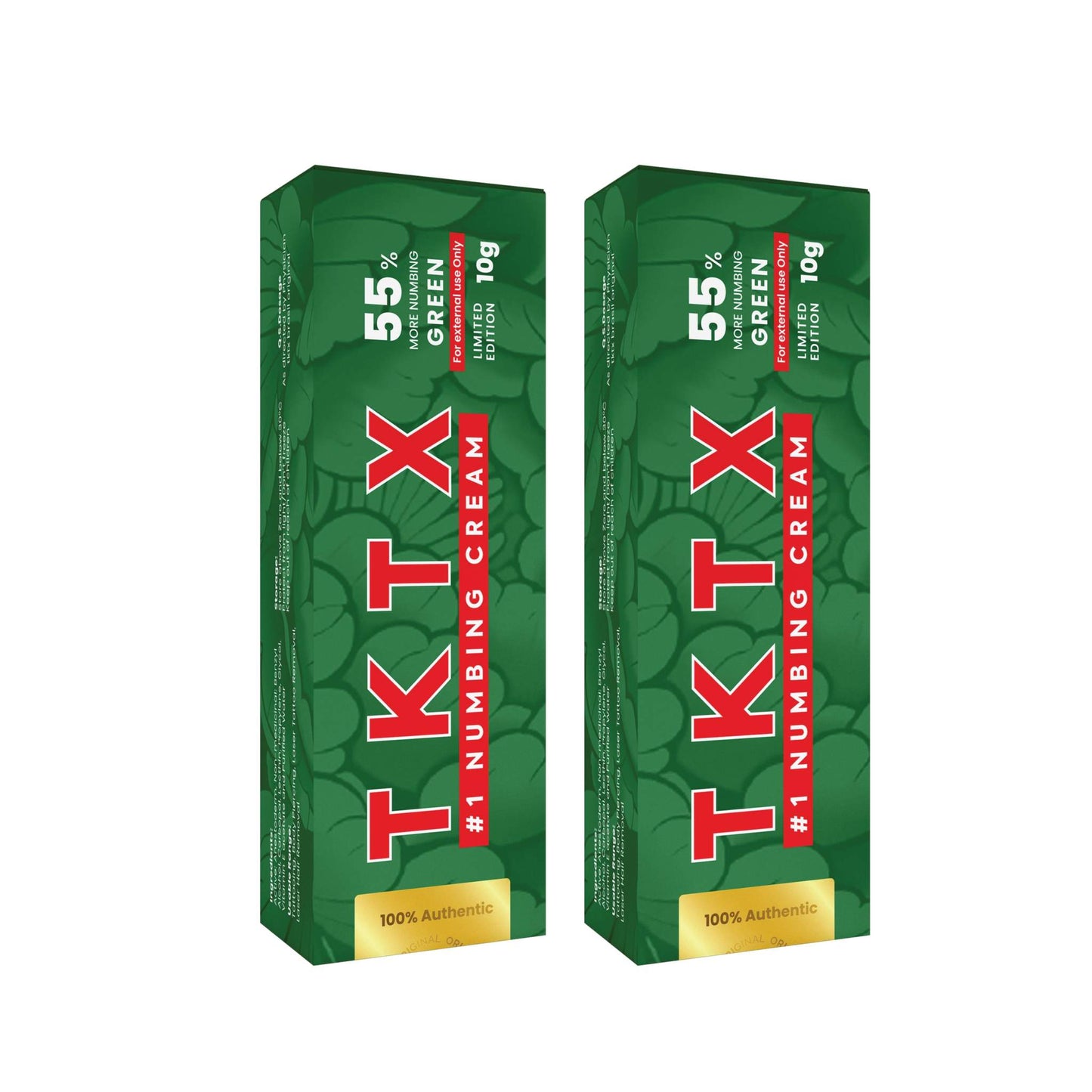Two packs of Green TKTX Numbing Cream 55% for long-lasting skin numbness during tattoos, piercings, and cosmetic procedures.
