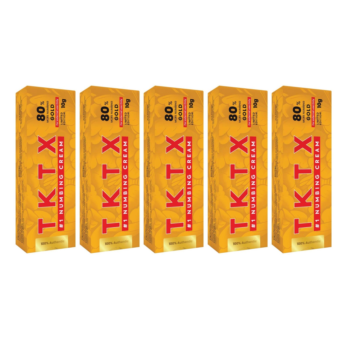 Five packs of TKTX Tattoo Numbing Cream Gold 80% for long-lasting pain relief during tattoos and cosmetic procedures
