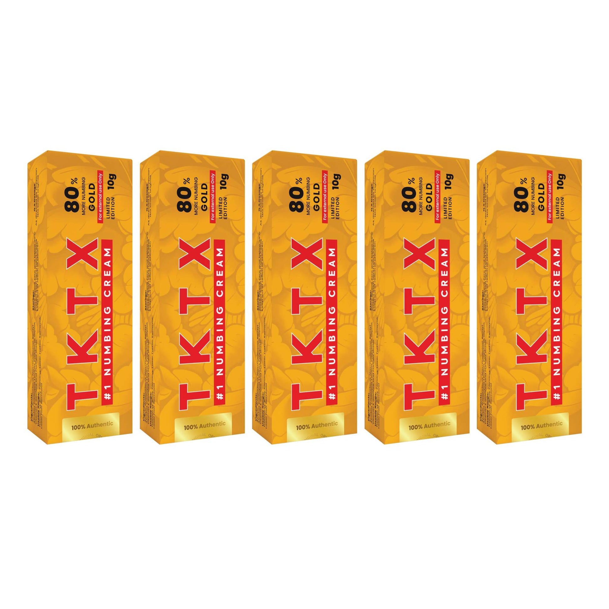 Five packs of TKTX Tattoo Numbing Cream Gold 80% for long-lasting pain relief during tattoos and cosmetic procedures