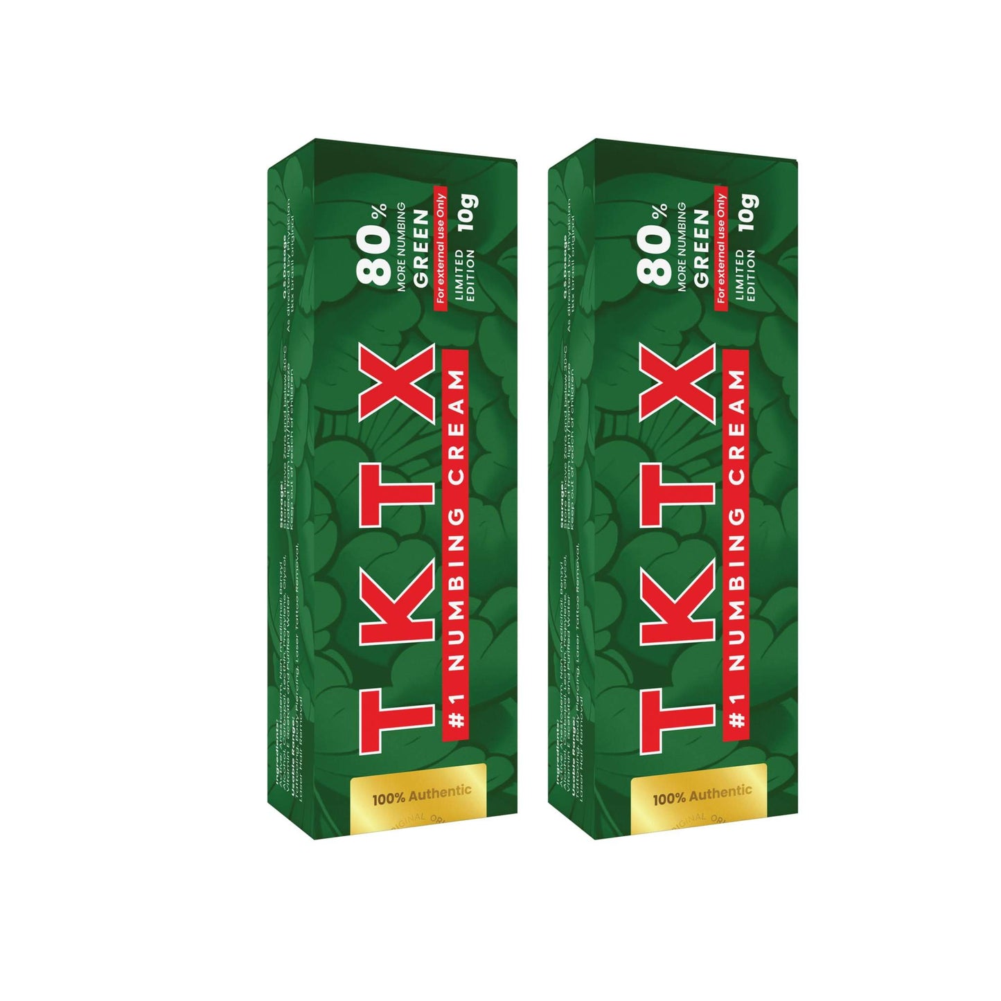 Two packs of TKTX Numbing Cream Green 80% 10g boxes for long-lasting skin numbness during tattoos and cosmetic procedures