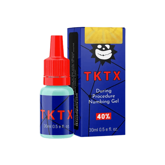 TKTX Numbing Gel 30ml bottle with red cap and blue packaging, 40% stronger mid-procedure numbing gel for broken skin, fast-acting and long-lasting pain relief