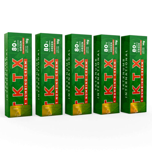 TKTX Numbing Cream Green 80% 5-pack for fast, long-lasting pain relief in tattoos and cosmetic procedures