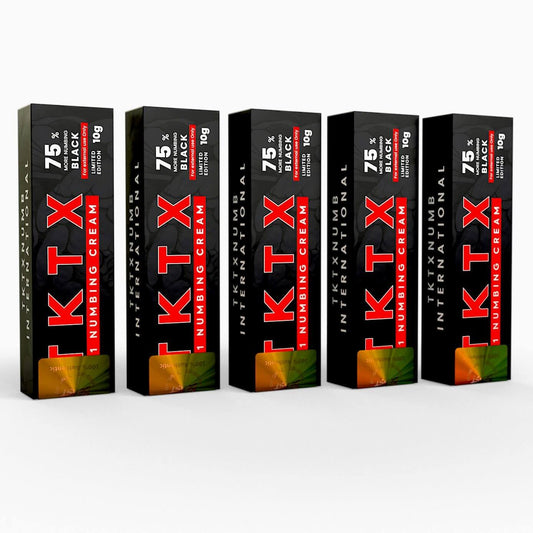 TKTX Numbing Cream Black 75% 5-pack for fast, long-lasting pain relief in tattoos and cosmetic procedures