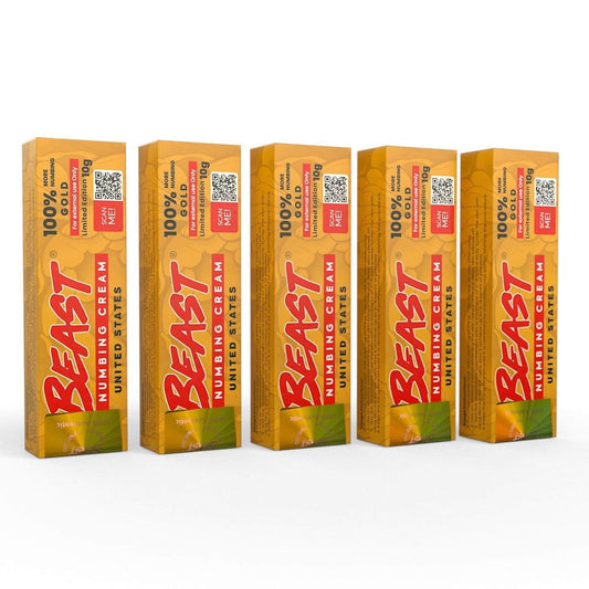 BEAST Numbing Cream Gold packs for long-lasting pain relief during tattoos, microneedling, and cosmetic procedures