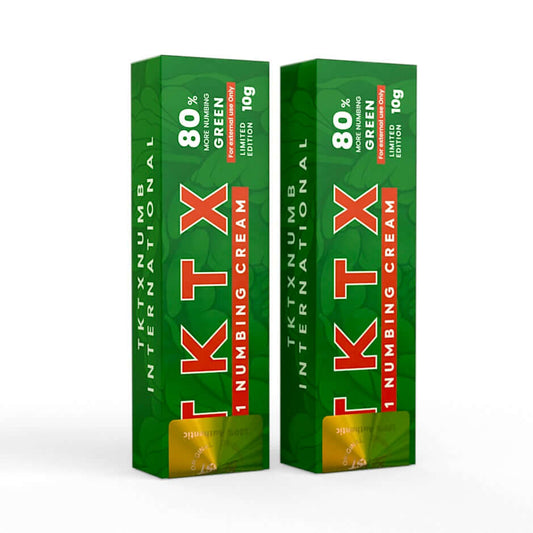 TKTX Numbing Cream Green 80% two-pack for fast, long-lasting pain relief during tattoos, microneedling, and cosmetic procedures