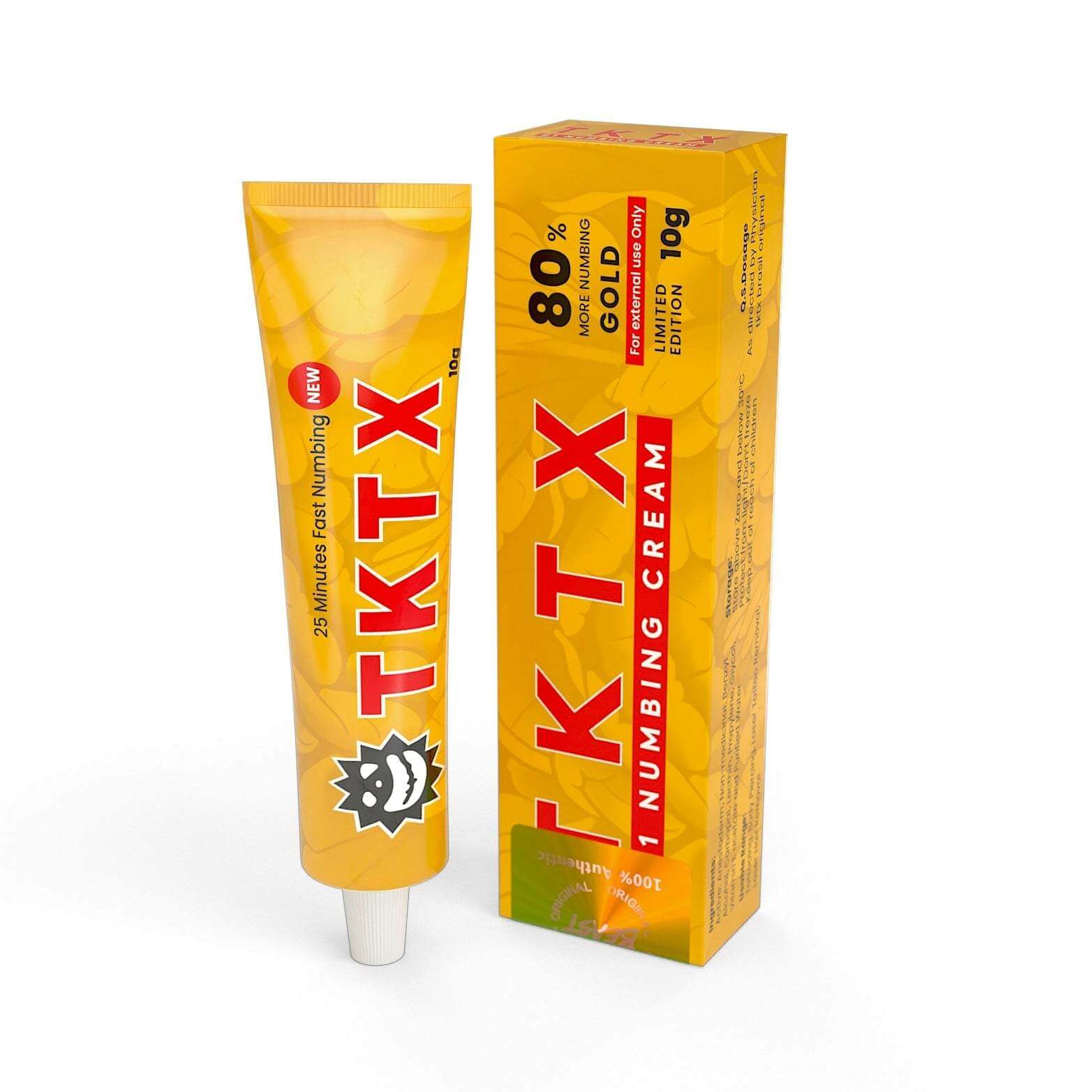 TKTX Numbing Cream Gold uk 80% tube and box for fast pain relief during tattoos and cosmetic procedures, 10g pack