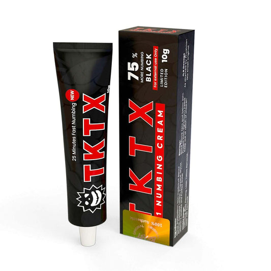 TKTX numb cream black 75% tube and box for pain relief in tattoos and cosmetic procedures