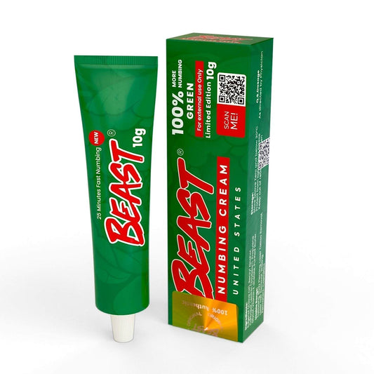 Beast Numbing Cream Green 10g tube and box for long-lasting pain relief during tattoos and cosmetic procedures