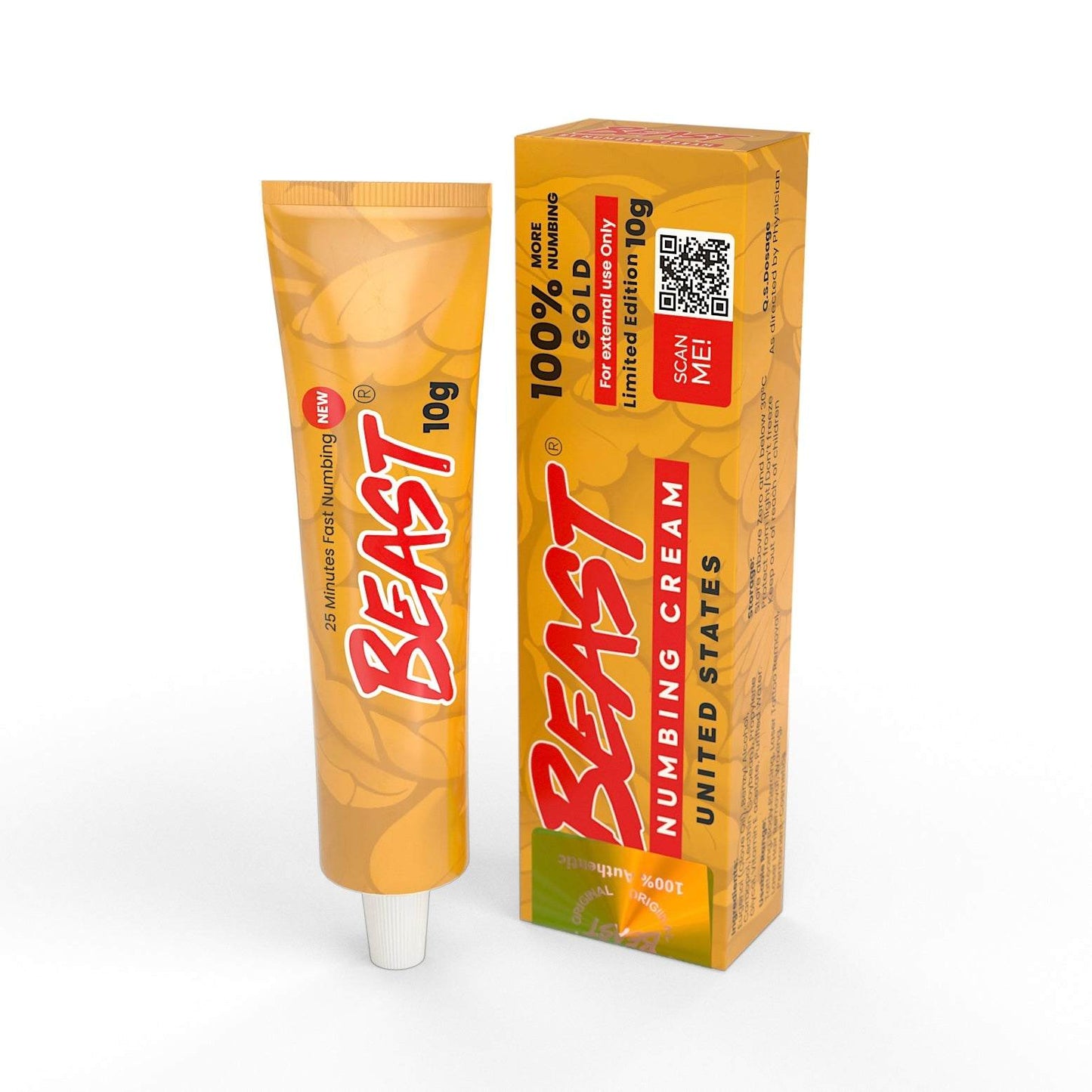 BEAST Numbing Cream Gold tube and box for tattoo and cosmetic pain relief, fast-acting, non-greasy formula
