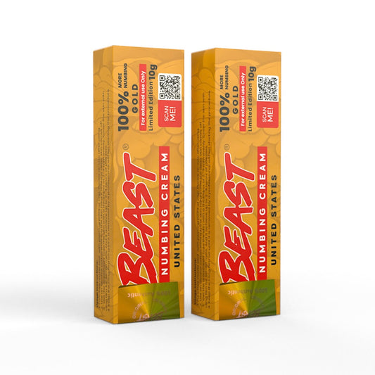 Two packs of BEAST Numbing Cream Gold for tattoo and cosmetic pain relief
