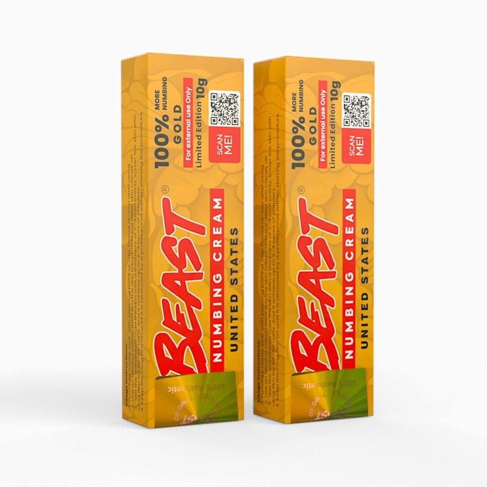 BEAST Numbing Cream Gold 100% 2-pack for tattoos and cosmetic procedures with fast-acting, long-lasting numbing relief