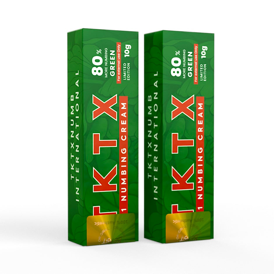Two packs of TKTX Numbing Cream Green 80% for long-lasting skin numbing during tattoos and cosmetic procedures