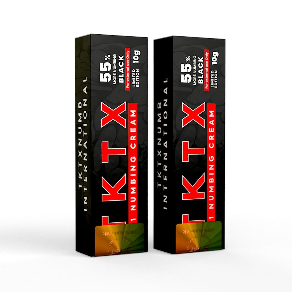 TKTX Numbing Cream Black 55% 2-pack for long-lasting skin numbness during tattoos and cosmetic procedures