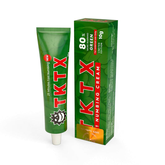 TKTX 80% Green numbing cream tube and box for long-lasting tattoo pain relief UK