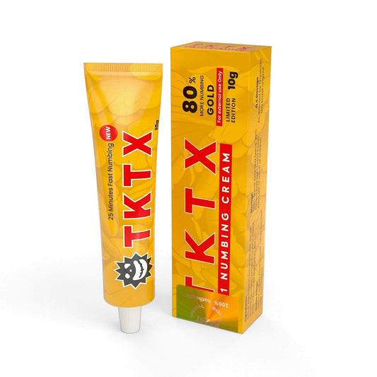 TKTX Numbing Cream Gold 80% for tattoo, piercing, and cosmetic pain relief, fast-acting and long-lasting numbness, 10g tube and box